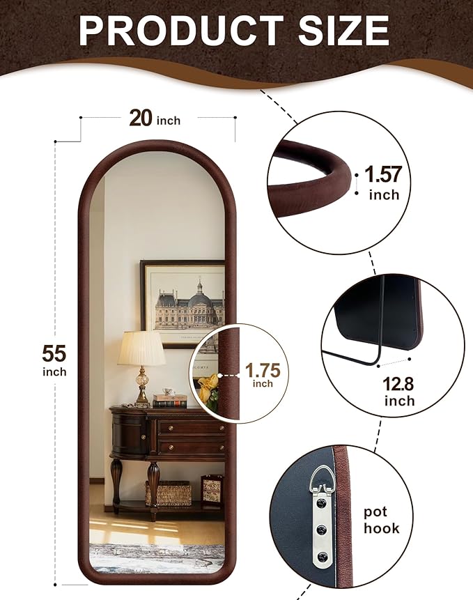 Delma Arched Full Length Mirror, Free Standing Floor Velvet Finish Frame Mirror - Image 2