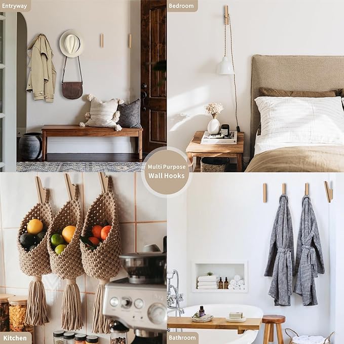 Wood Wall Hooks 4 Pack Coat Hooks Wall Mount Natural Wooden Hooks - Image 7