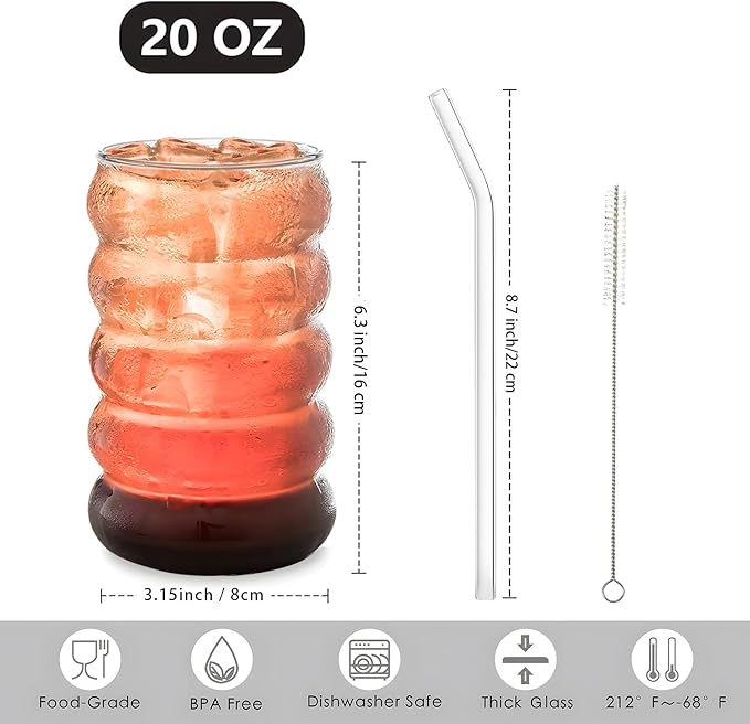 2 Pcs 20oz Drinking Glasses Set with Bamboo Lids and Straws, Cute Iced Coffee Glass Cups, Iced Coffee Tumblers, Thick Drinking Jars for Smoothie, Boba Milk Tea, Ideal for Gift, with Straw Brush
