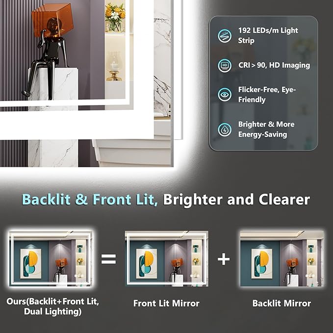 48x28 LED Bathroom Mirror with Lights, Backlit and Front Lit Anti-Fog Lighted - Image 3
