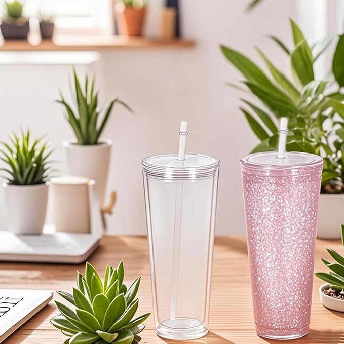 24oz Snow Globe Tumbler, 25pack Plastic Snowglobe Cup with Colored Lids and Straws, Double Walled Glass Mug Bulk, Pre Drilled Glass Blank for Snow Globe Glitter, Individual Packaging