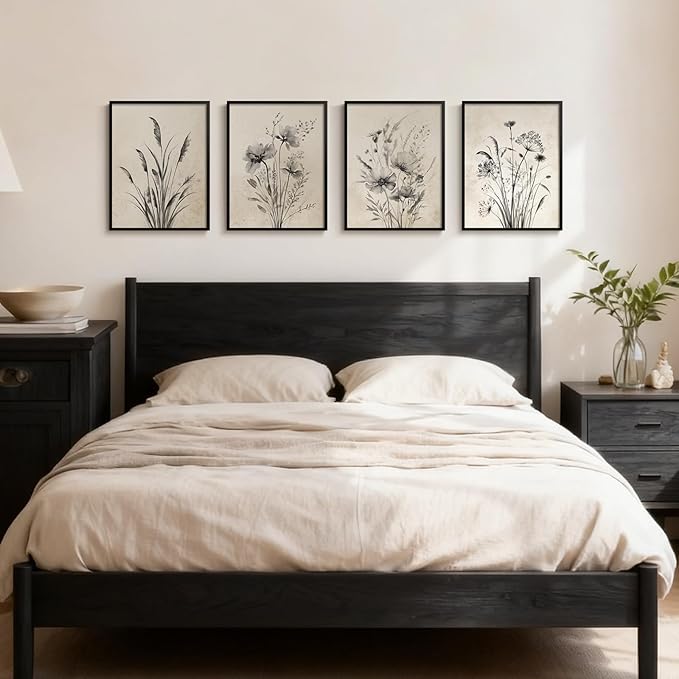 Framed Boho Vintage Botanical Wall Art, 4 Piece Black and White Floral Canvas - Image 2