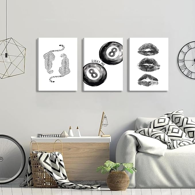 BOKPEN Trendy Black and White Leopard Canvas Wall Art, Funky Y2k Lucky 8 Ball - Image 4