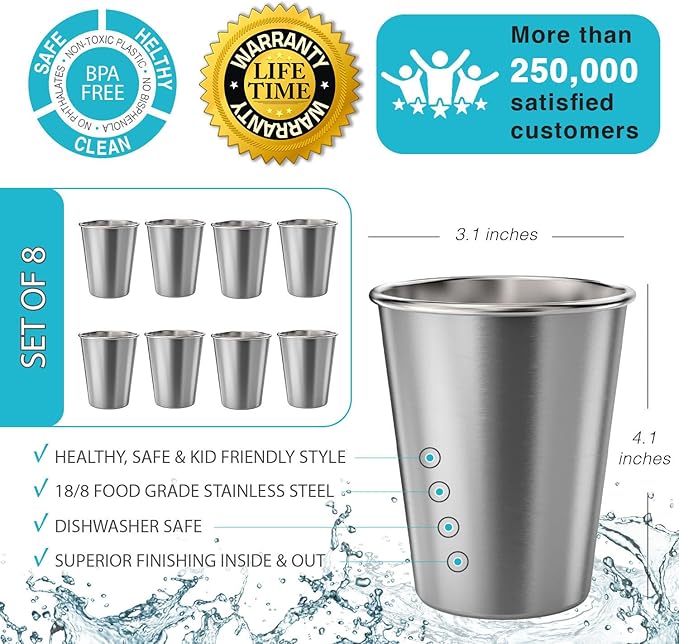 CHILLOUT LIFE Stainless Steel Kids Cups 8 oz - Stainless Steel Small Children Cups for Home & Outdoor Activities, BPA Free Unbreakable Premium Stackable Metal Drinking Glasses (8-Pack)