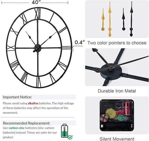 40 Inch Large Wall Clock for Living Room Decor – Easy-Assembly Silent - Image 2