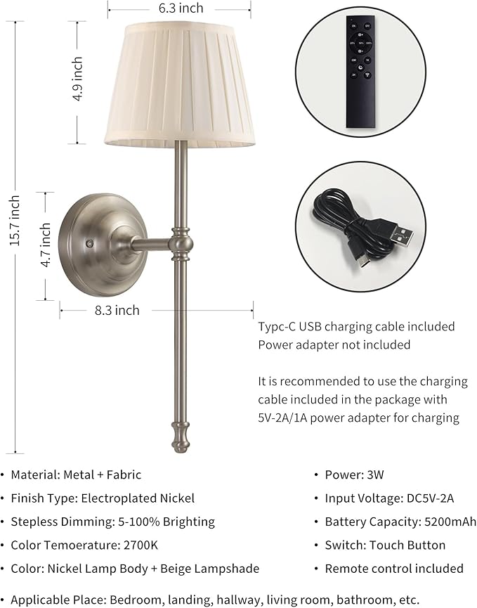 KDG Cordless Wall Sconces Set of 2, Small Wireless 5200mAh Rechargeable Battery - Image 5