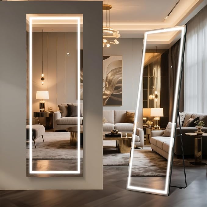 Kosmonia 59x16 Frameless Full Length Mirror, Dimmable 3 Color LED Light by Kosmonia