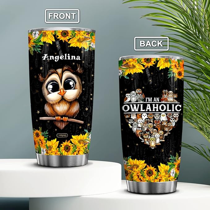 winorax Personalized Sunflower Owl Coffee Tumbler 20oz 30oz Stainless Steel Insulated Travel Mug Birthday Christmas Cup Gifts for Animal Lovers Women Girls