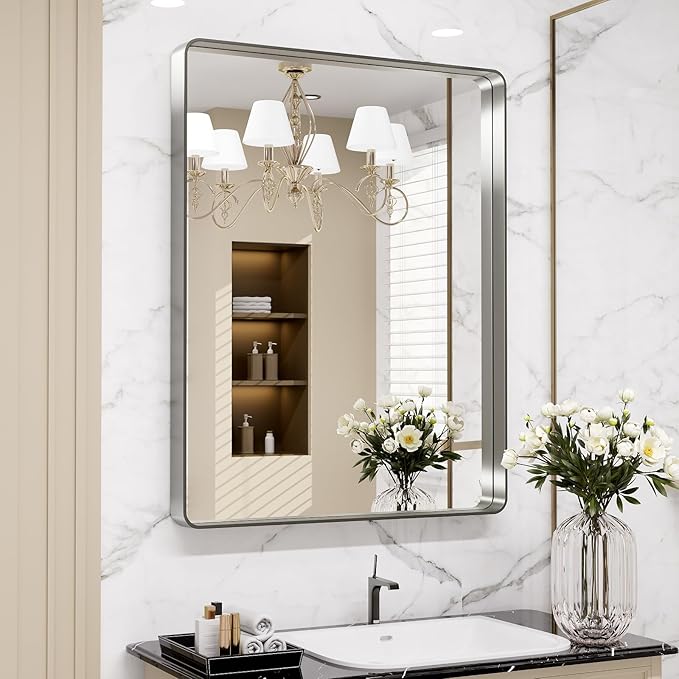 LOAAO 32X36 Inch Brushed Nickel Bathroom Mirror, Rounded Rectangle Silver Metal by LOAAO