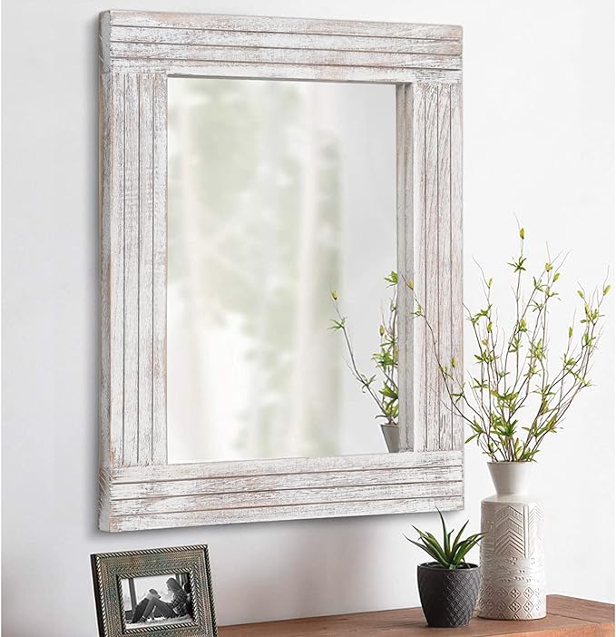 Wall Mirror Rustic Wooden Frame Rectangle Mirror Vintage Hanging Mirror by HLFMVWE