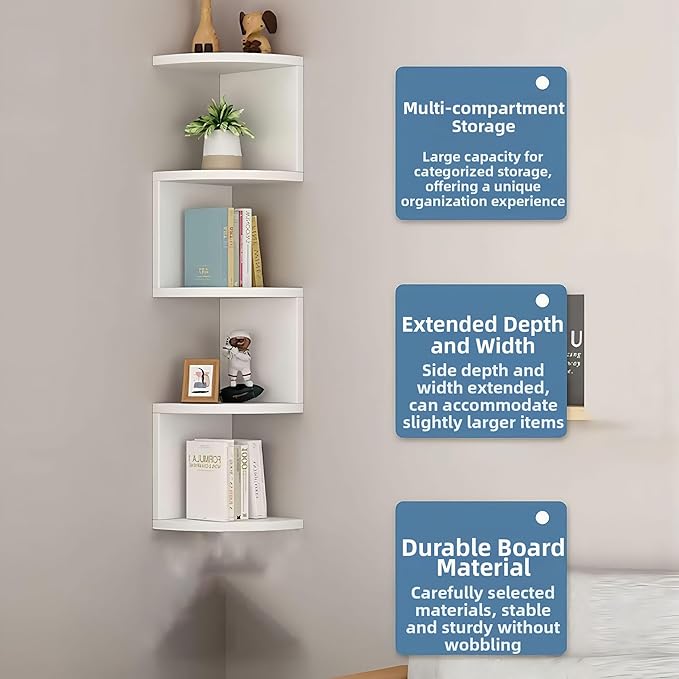 No-Drill Corner Shelf Wall Mount, 5-Tier Floating Corner Bookshelf - Image 6