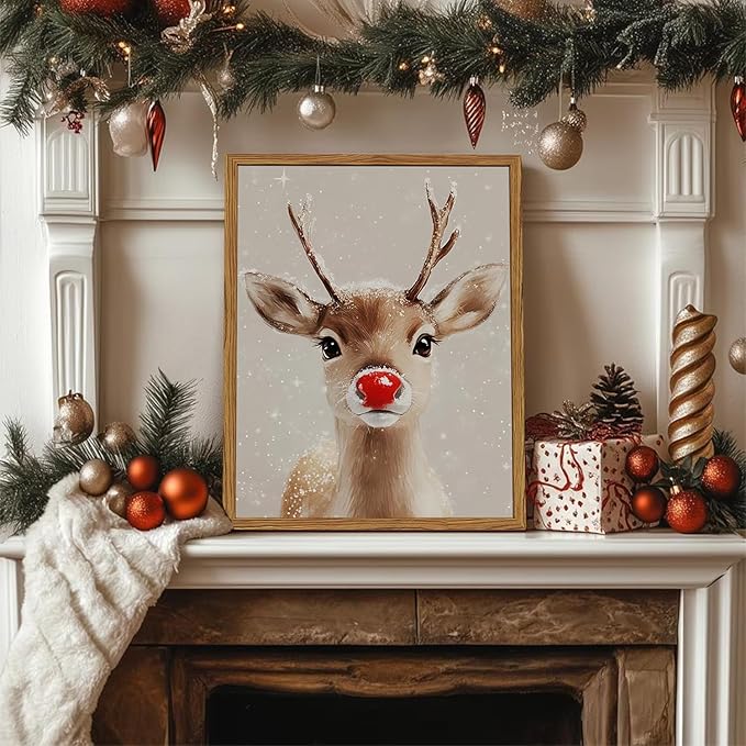 Framed Christmas Wall Art, Vintage Red Nose Reindeer Canvas Wall Decor Paintings - Image 2
