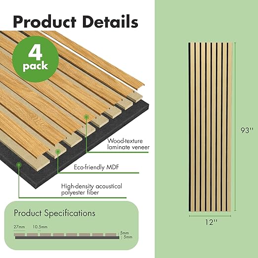 Art3d 4-Pack 12" x 93" Soundproof Wood Slat Panels, 31 sq.ft Acoustic Wall - Image 3