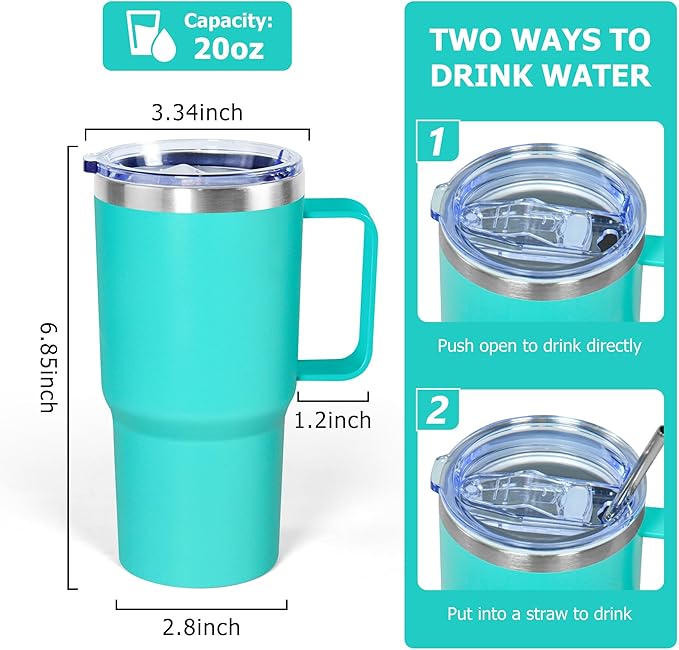 20 oz Tumbler with Handle, insulated cup coffee mug with lid, straw and handle, Double Wall Stainless Steel Vacuum Coffee Tumbler travel mug spill proof, 1pcs Light Green