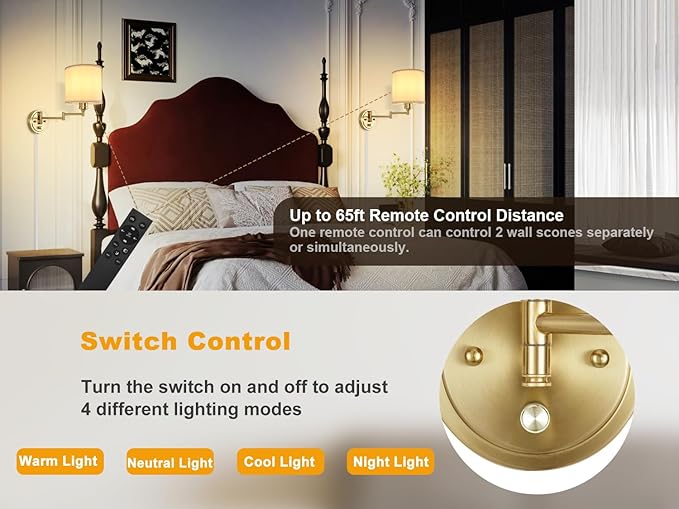 Plug in Wall Sconces with Remote Control, Dimming 10%-100% & Adjustable Colors - Image 4