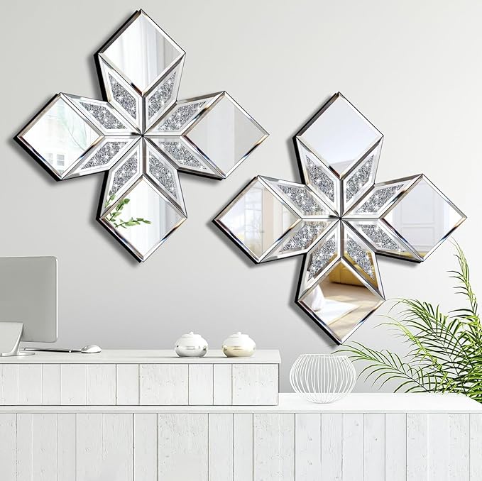 Crushed Diamond Decorative Mirror 2 Pack 16.75x16.75” Diamond Shape Glass Decor by VOHJD
