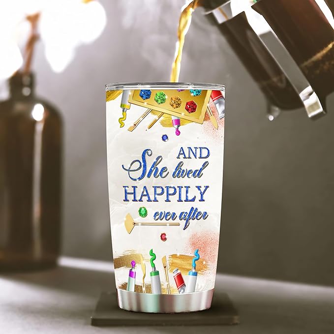 WAZONE Personalized Make Art And She Lived Happily Ever After Stainless Steel Tumbler 20oz 30oz Insulated Cup Travel Mug Customized Gift Cool For Girl Painting Lover Painters Artists Teachers