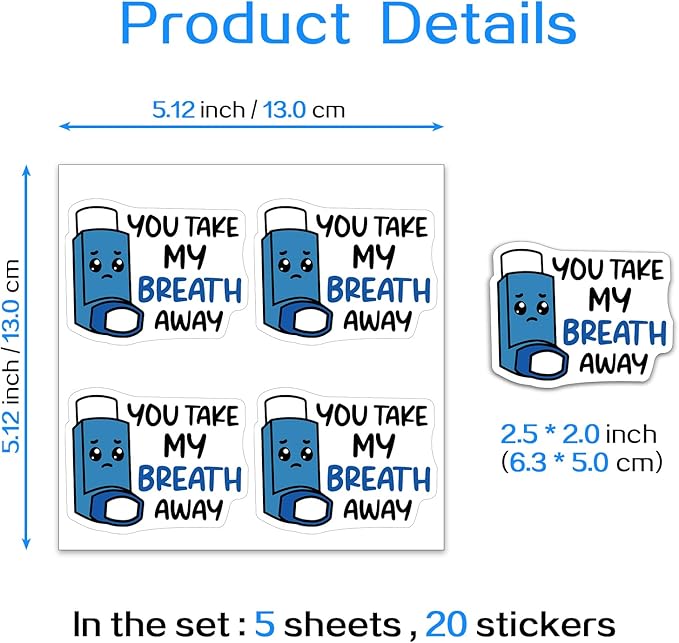 YAZMEEN 20 Pcs Cute Blue Inhaler Stickers You Take My Breath Away Stickers for Lung Respiratory Therapist Nurse Doctor Student Appreciation Gifts Decals for Waterbottle Notebook Phone（Size 2.5''）