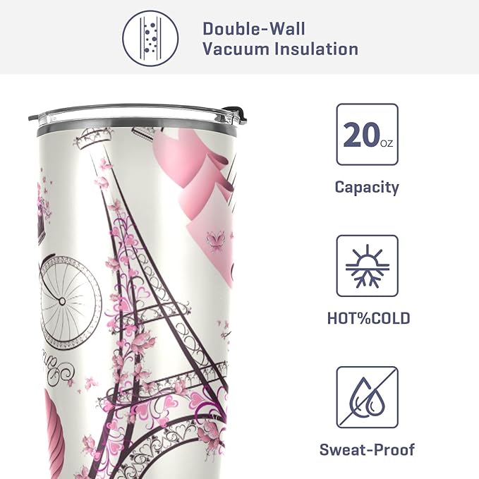 xigua 20oz Tumbler with Lid and Straw, Stainless Steel Vacuum Insulated Water Coffee Tumbler Cup, Paris Eiffel Tower Flower Travel Mug Thermal Cup for Hot and Cold Drinks