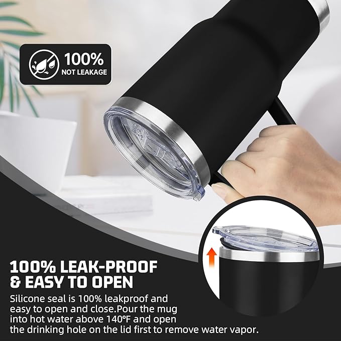 20 oz Tumbler with Handle Stainless Steel Insulated Coffee Tumbler with Lid and Straw Double Wall Vacuum Insulated Coffee Mug Leak Proof Travel Mug Tumbler for Hot and Cold Drink (Black,4pack)