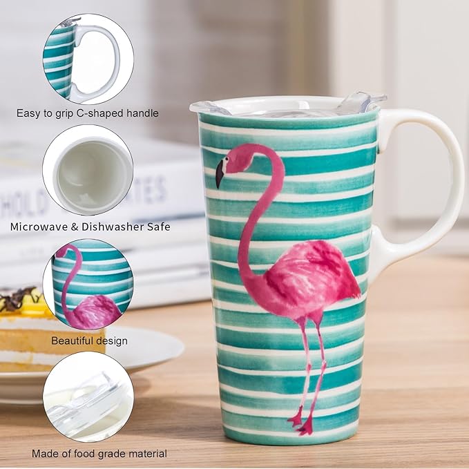 Topadorn Ceramic Travel Coffee Cup with Lid Ceramic Mug with Gift Box, Unique Coffee Mug for Latte & Hot Chocolate, Holiday Office Gift Her Him, Flamingo
