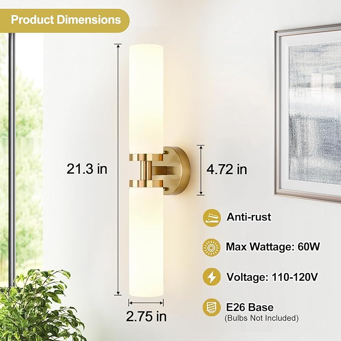 Wall Sconces Set of Two, Hardwired Brushed Gold Bathroom Sconces Wall Lighting - Image 4