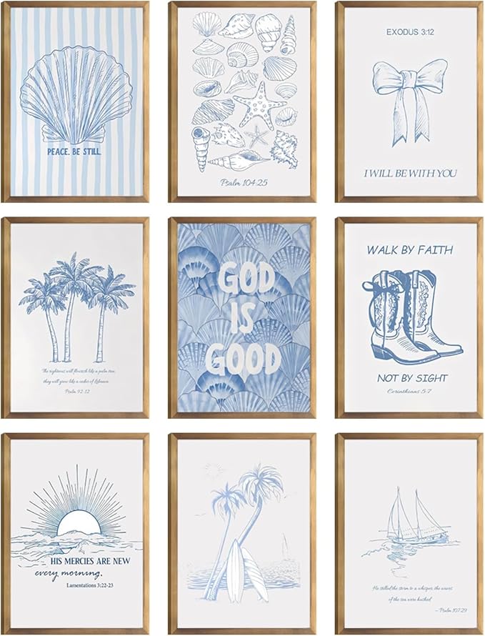9 Pcs Coastal Christian Wall Art Blue Seashell Posters Inspirational Bible by Unknown