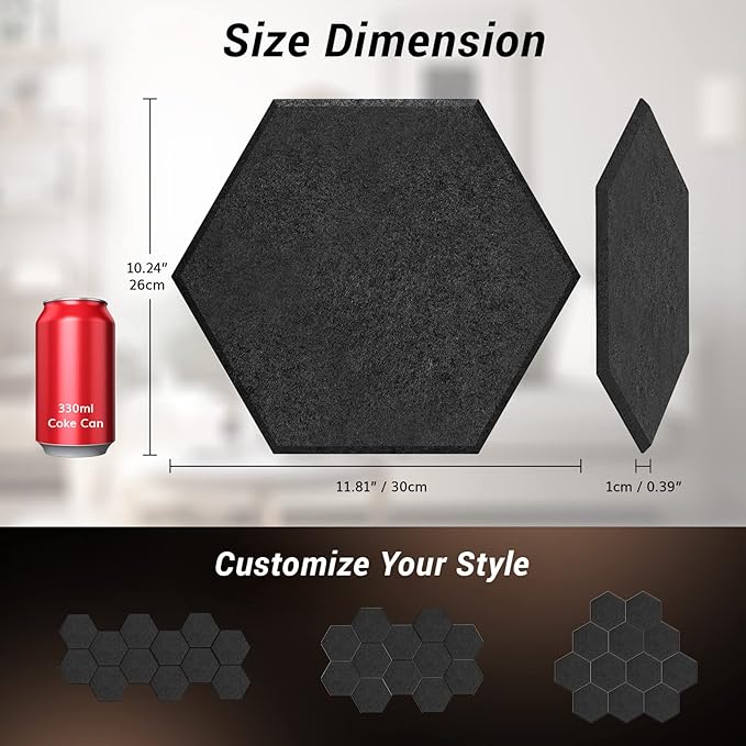 12 Pack Hexagon Acoustic Panels, TONOR 12"x 10"x 0.4" High Density Sound Proof - Image 5