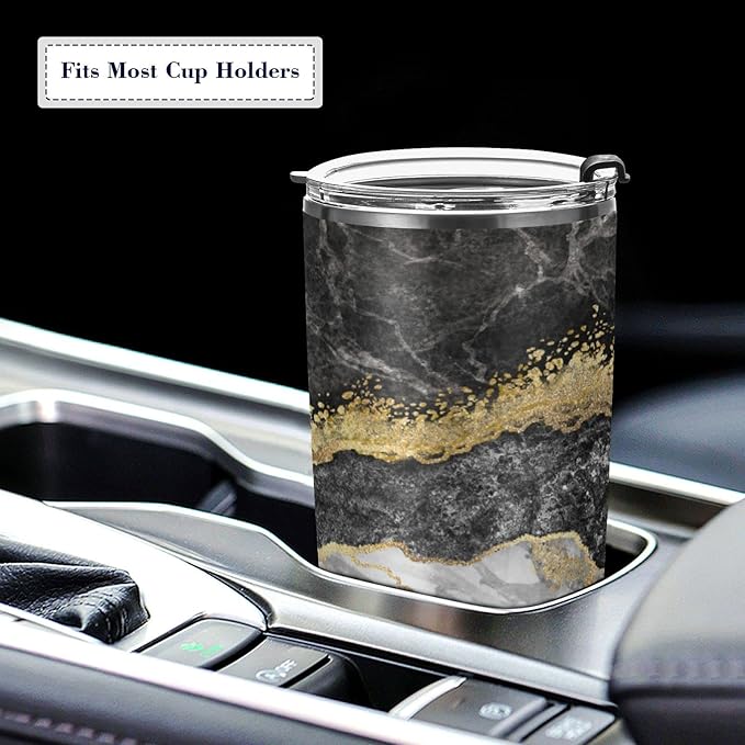 Tumbler Stainless Steel Vacuum Insulated Cup Double Walled, Simple Thermos Gold Black Marble Travel Mug for Coffee, Beverages, Tea with Straw and Lid