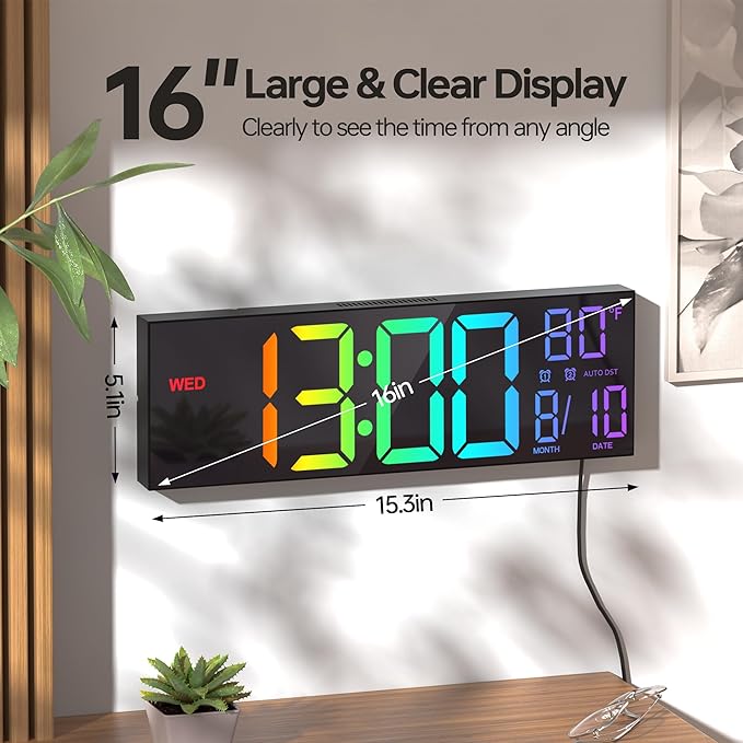 JALL 16.1" Large Digital Wall Mount Clock, Count Down Timer, Big LED, RGB Color - Image 2