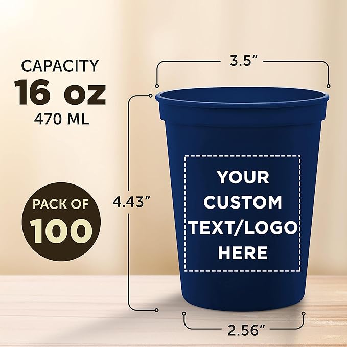 DISCOUNT PROMOS Custom Plastic Stadium Cups 16 oz. Set of 100, Personalized Bulk Pack - Perfect for Birthdays, Weddings, Picnic, Beach, Parties - Navy Blue