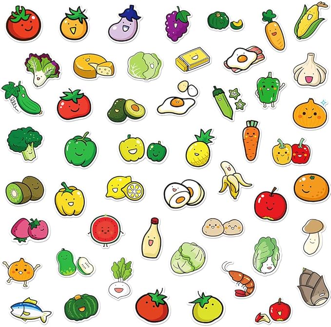 Various Cartoon Fruit & Vegetables(Tomatoes Lemon Onion) Stickers for Boy Girls Kids|50 Pcs|Cute Waterproof Vinyl Stickers for Laptop Phone Tablet Luggage,Stickers Decals Pack(Fruit & Vegetables)