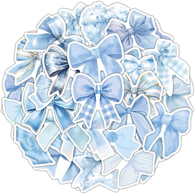 Blue Bow Stickers 50Pcs Vinyl Cute Aesthetic Bows Stickers for Water Bottle Scrapbook Laptop Luggage Helmet Bike Computer Motorcycle Skateboard,Waterproof Funny Trendy Decals for Teens Girls Women