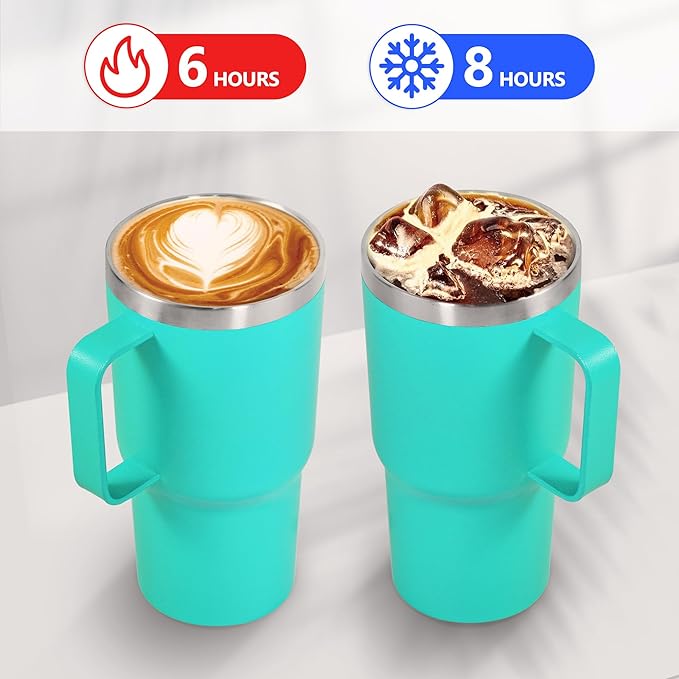 20 oz Tumbler with Handle, insulated cup coffee mug with lid, straw and handle, Double Wall Stainless Steel Vacuum Coffee Tumbler travel mug spill proof, 1pcs Light Green