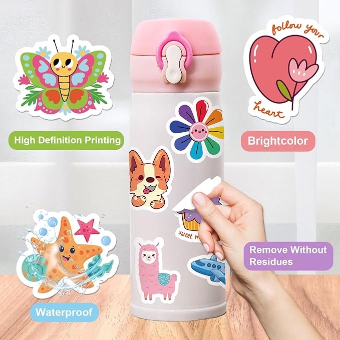 RINOLY 100 PCS Water Bottle Stickers for Kids, Cute Sticker for Girls,Waterproof Vinyl Kawaii Stickers for Water Bottles,Skateboard,Laptop,Girls Boys Classroom Prizes