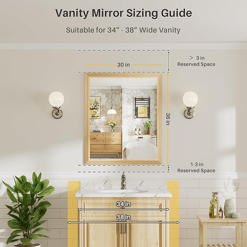 36x30 Inch Bathroom Mirror for Wall, Anti-Rust Oak Wood Grain Metal Framed - Image 2