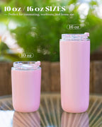 16 oz Insulated Coffee Tumblers, Travel Coffee Tumblers with Straw, Double-Wall Stainless Steel Tumbler, Leak Proof Tumbler, Reusable Cups with Lids for lced and Hot Drinks (Pink)