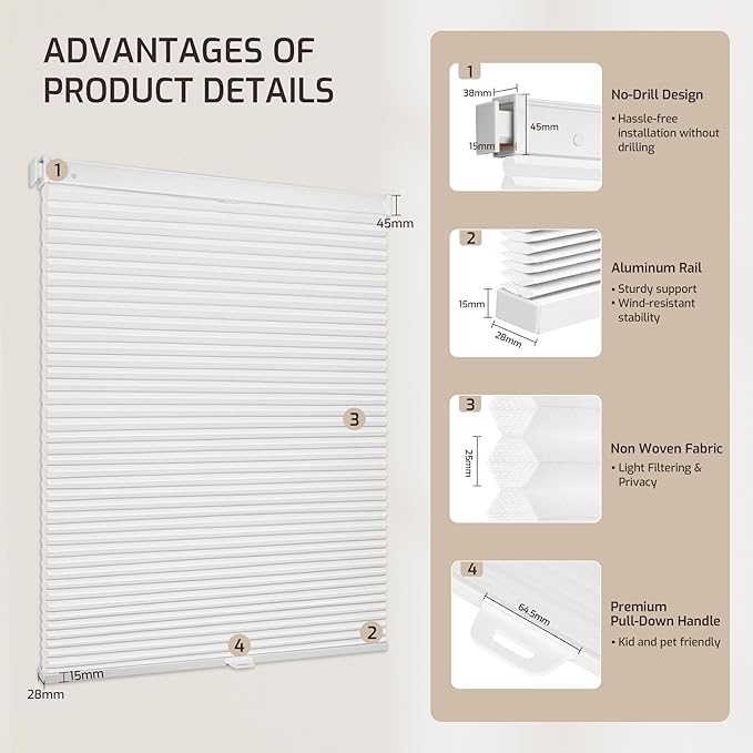 Grandekor No Drill No Tools Cordless Cellular Shades, 26.5" W x 64" H, Light - Image 9