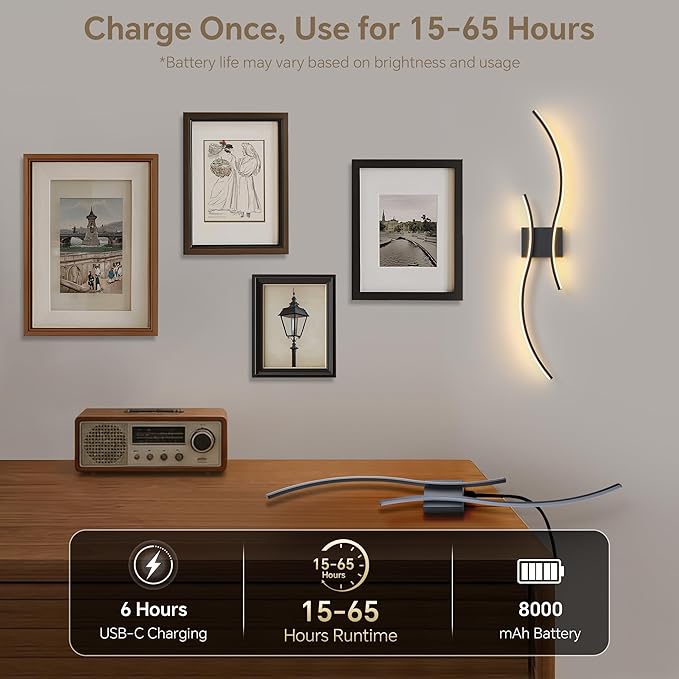 Battery Operated Wall Sconces Set of 2, Dimmable Modern LED Rechargeable Wall - Image 5