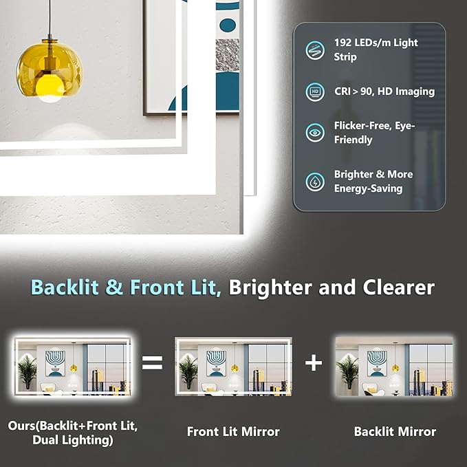96x36 LED Bathroom Mirror with Lights, Backlit and Front Lit Anti-Fog Lighted - Image 3