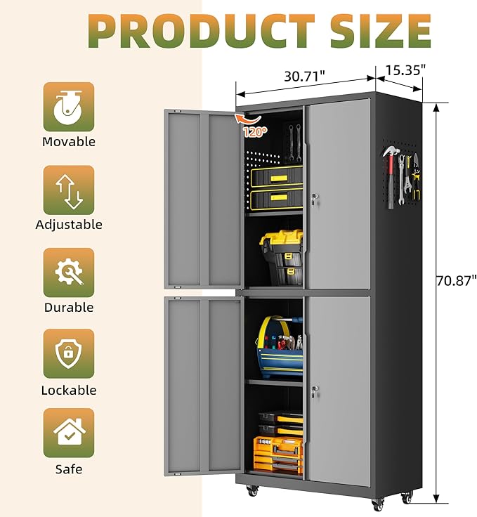 Garage Storage Cabinet with Wheels, Lockable Metal Storage Cabinet - Image 3