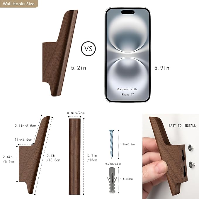 Wood Wall Hooks 4 Pack Coat Hooks Wall Mount Walnut Wooden Hooks - Image 3
