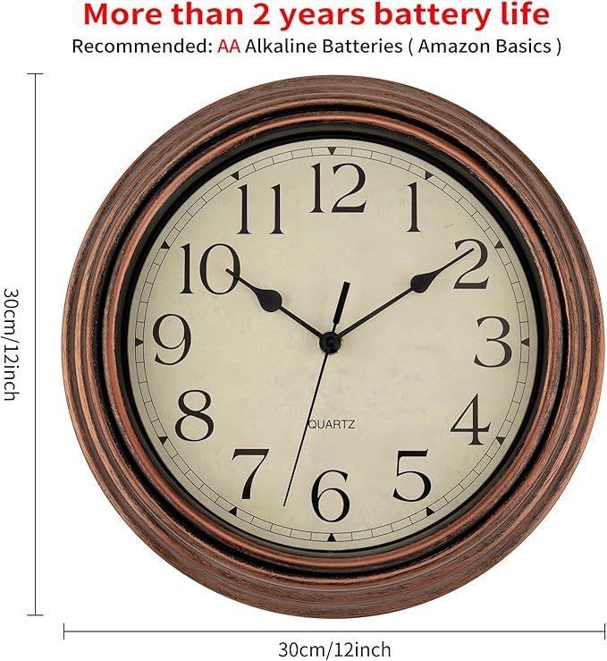 Foxtop Vintage Copper Wall Clock 12 Inch Silent Non Ticking Battery Operated - Image 2