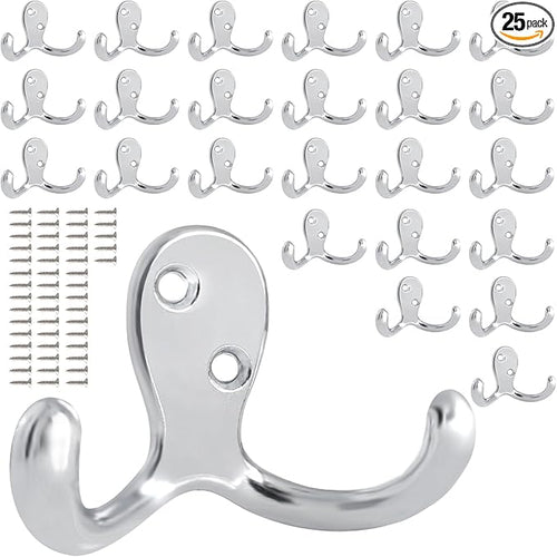 25 Pack Coat Hooks Wall Hooks for Hanging, Heavy Duty Double Prong Metal Hook by CBWLWJ