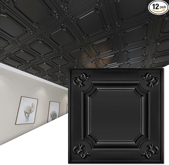 Art3d Drop Ceiling Tiles 24x24 in Black, Wainscoting Panels Glue Up 2x2 by Art3d