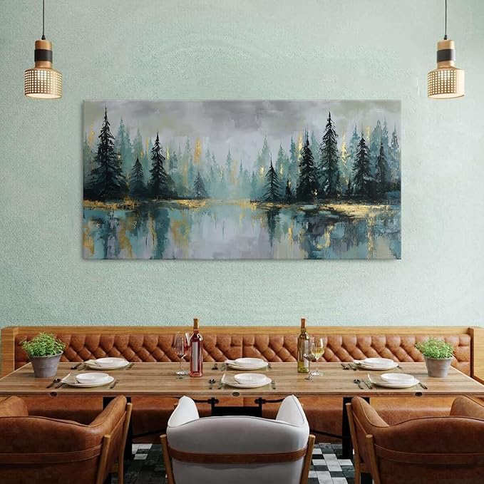 Green Forest Wall Art Vintage Fog Pine Trees Landscape Wall Decor Nature Green - Image 4