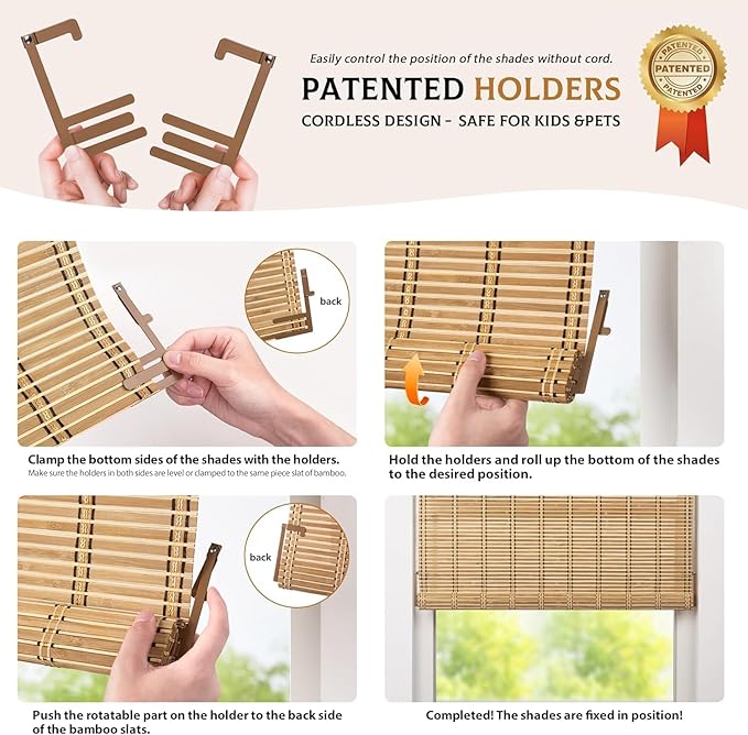 LazBlinds Cordless Bamboo Blinds, Natural Light Filtering Roll Up Shades - Image 3