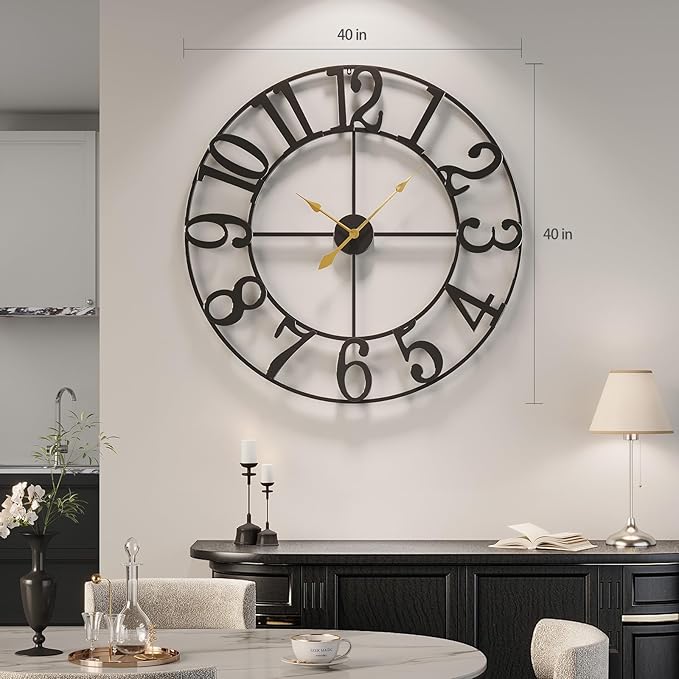 40 Inch Large Wall Clock, Silent Non-Ticking Battery Operated Black Metal Wall - Image 3