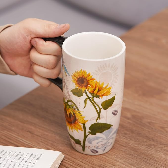 Topadorn Ceramic Mug Sunflower Coffee Cup with Gift Box Latte Mug with Lid, 17oz. Sunflower and Dragonfly