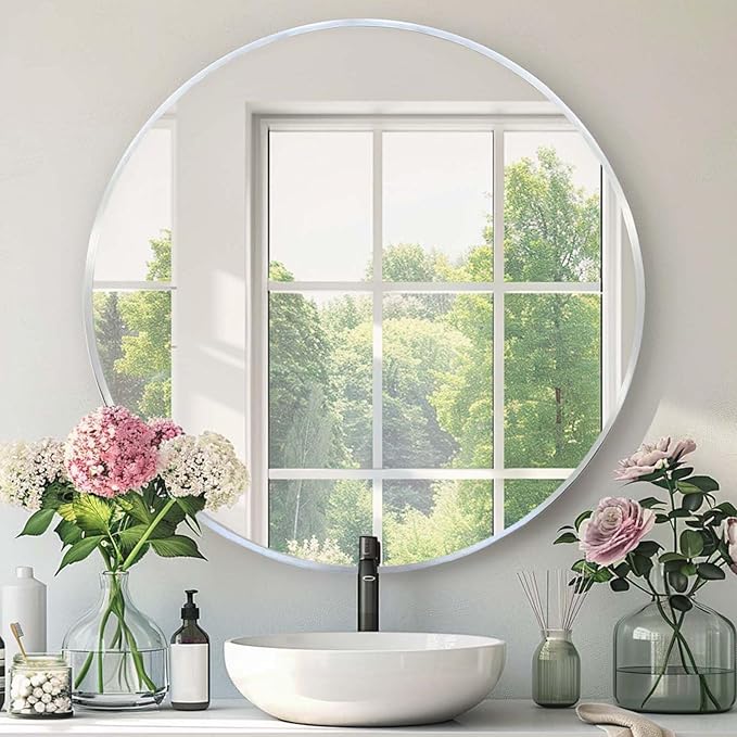 Silver Round Mirror, 20 Inch Silver Circle Mirror, Metal Frame Round Wall by Mfring